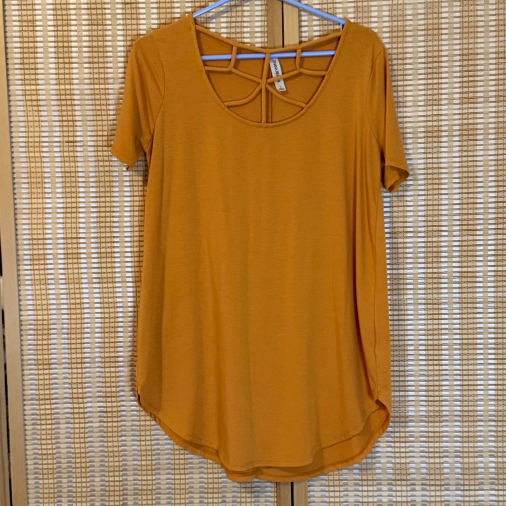 Zenana Premium Mustard Orange Lattice Neck Tunic Top Large Bohemian Artsy